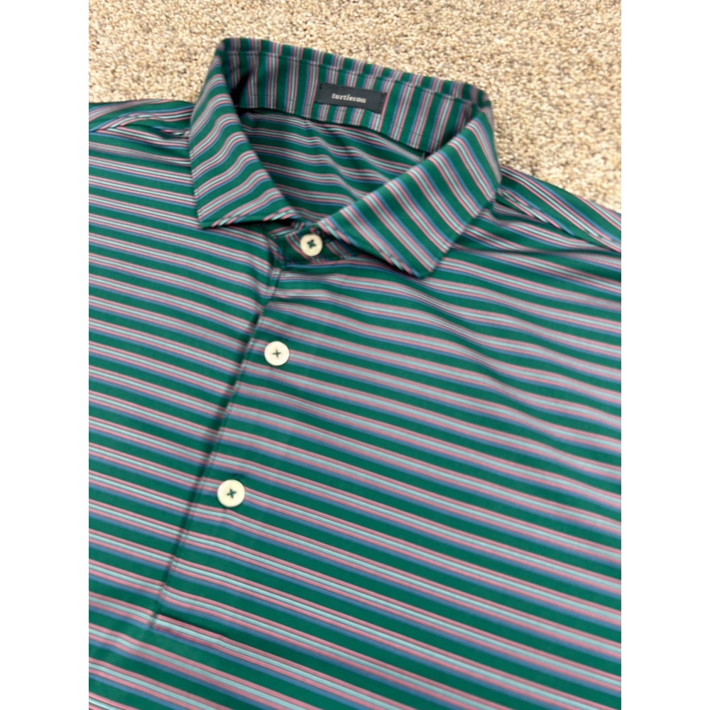 Turtleson Mens Large Green Striped Performance Golf Polo Short Sleeve #0800